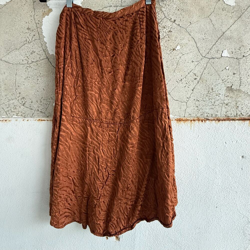 Anthropologie Maeve Midi Skirt Satin Jacquard Copper Tie Waist Crinkle A Line 8 - Picture 6 of 7